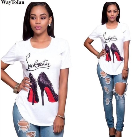 Red Sole" Stiletto Heels Slenderizing T Shirt - Picture 2 of 5
